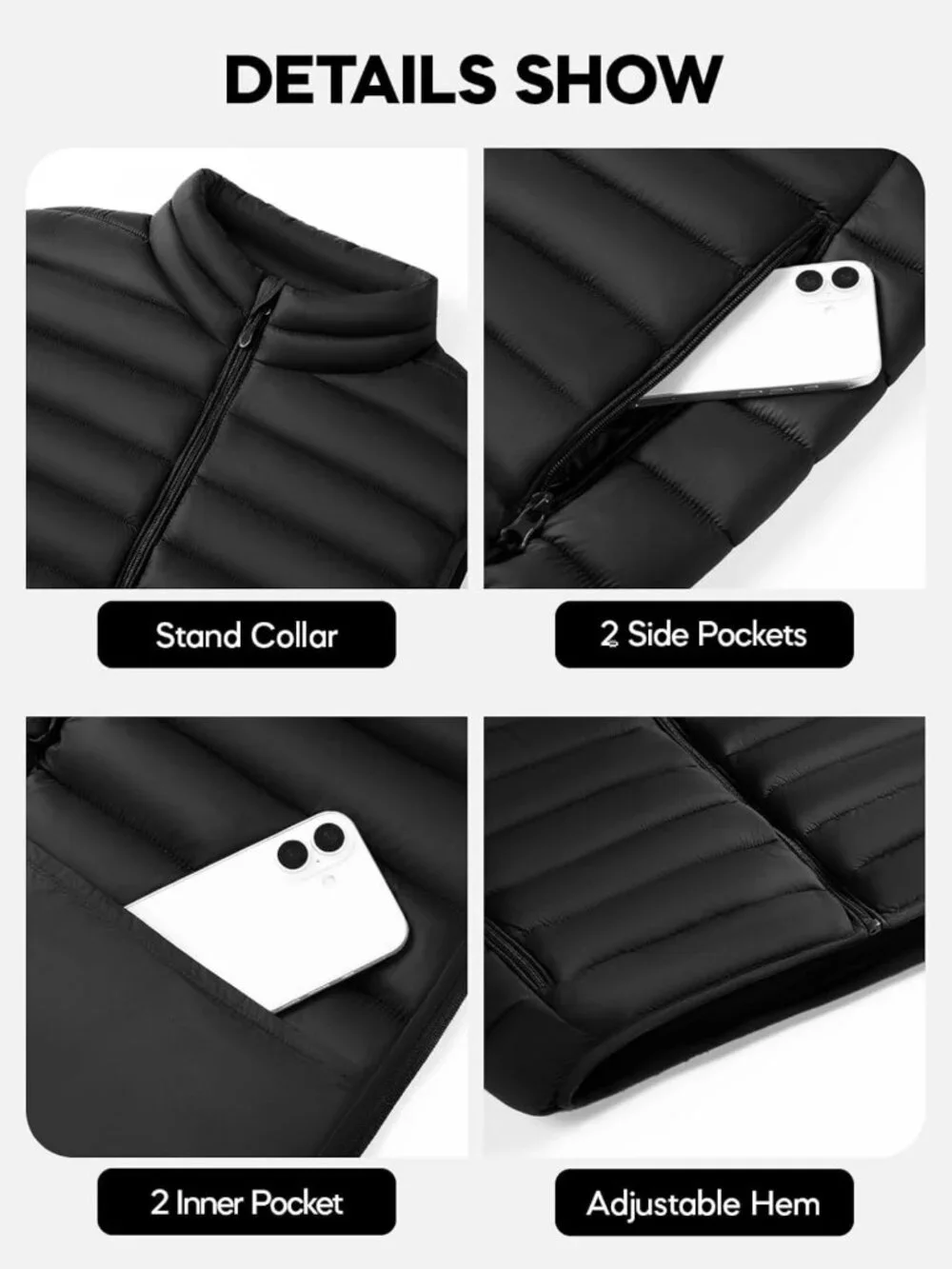Men's Sleeveless Puffer Vest Jacket, Warm Outerwear with 4 Pockets, Stylish